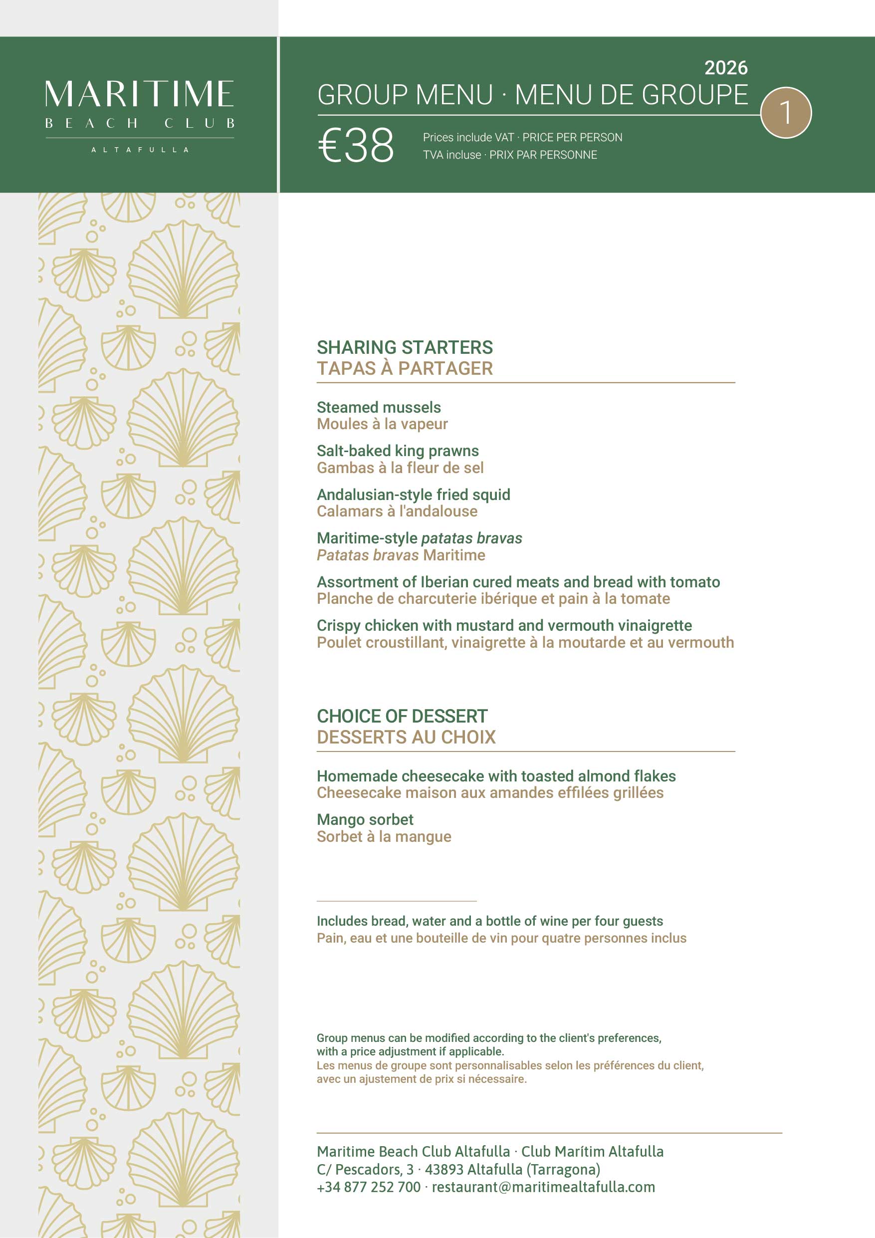 Group Menu 1 - Menu de Groupe 1 - Maritime Beach Club Altafulla - C/ Pescadors, 3 - Altafulla (Tarragona)