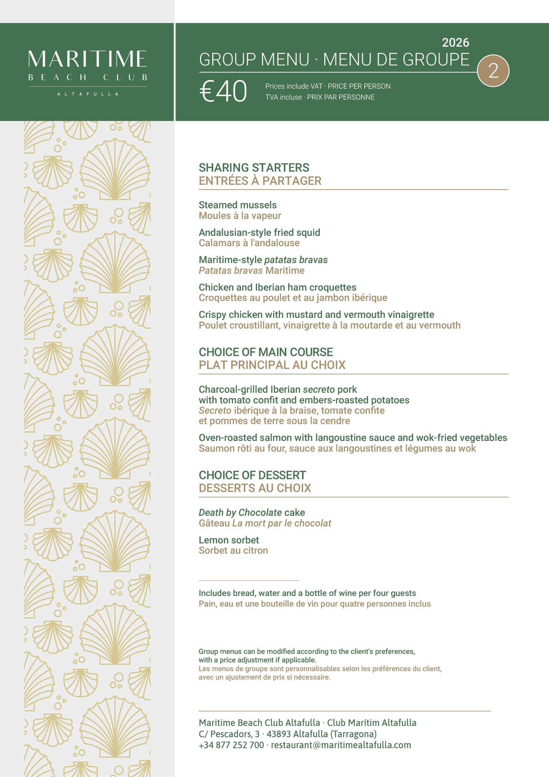 Group Menu 2 - Menu de Groupe 2 - Maritime Beach Club Altafulla - C/ Pescadors, 3 - Altafulla (Tarragona)