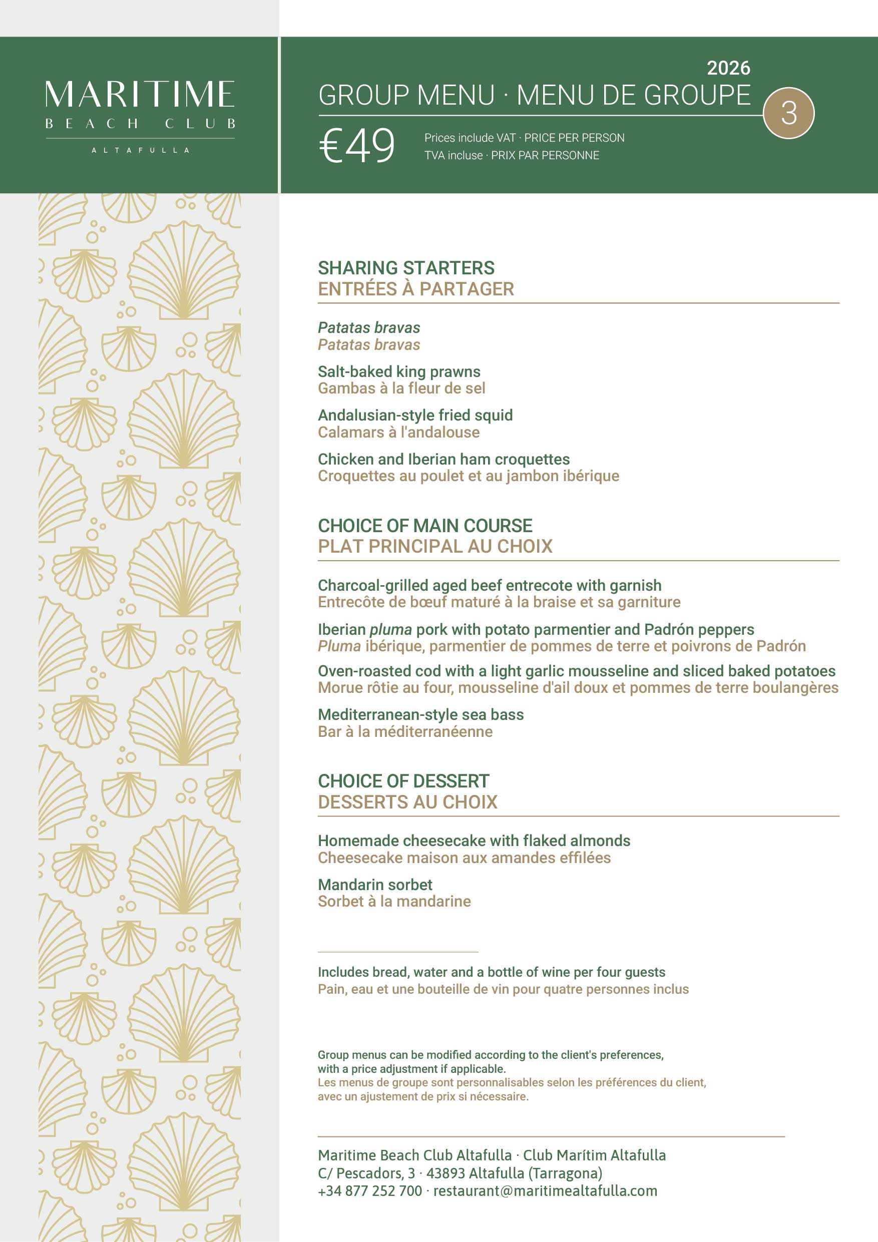 Group Menu 3 - Menu de Groupe 3 - Maritime Beach Club Altafulla - C/ Pescadors, 3 - Altafulla (Tarragona)