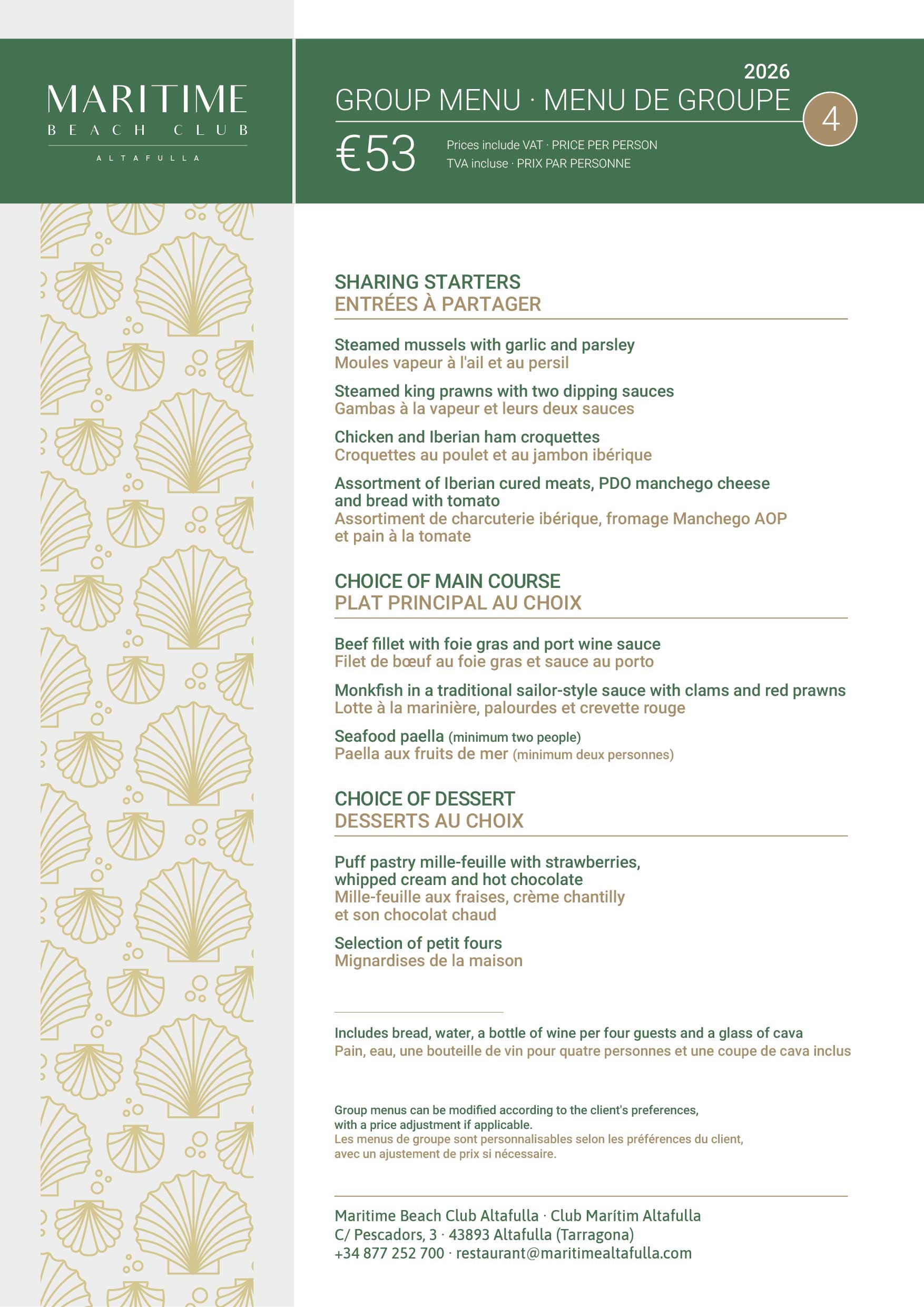 Group Menu 4 - Menu de Groupe 4 - Maritime Beach Club Altafulla - C/ Pescadors, 3 - Altafulla (Tarragona)